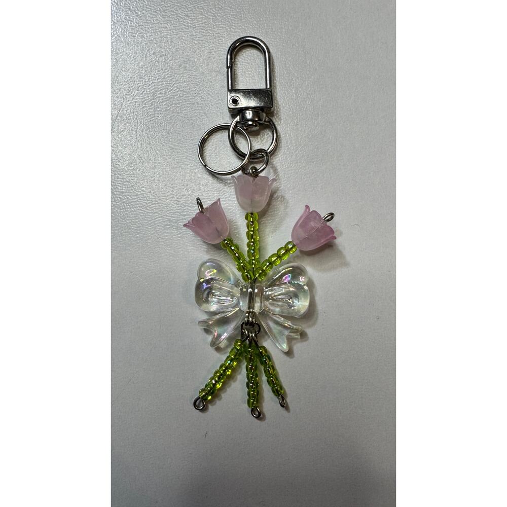 “Blush Bloom Bow” Charm Handmade Tulip Purse Bag Keychain Pink Flowers Feminine - Picture 4 of 4